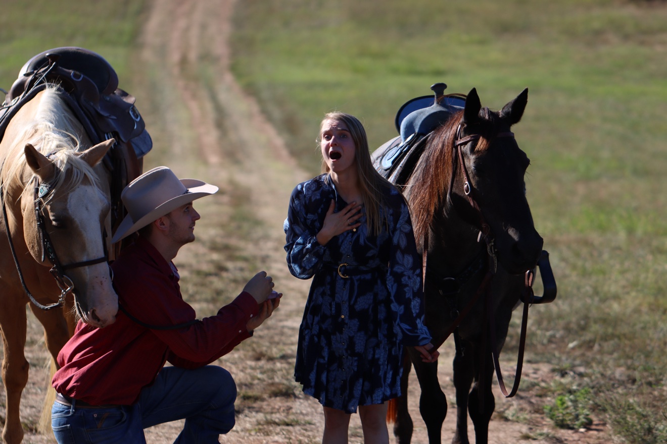 Luke down on one knee proposing to Kristi in a pasture, horses standing beside them